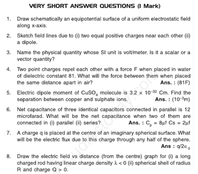 CBSE Class 12 Physics Electrostatics Assignment